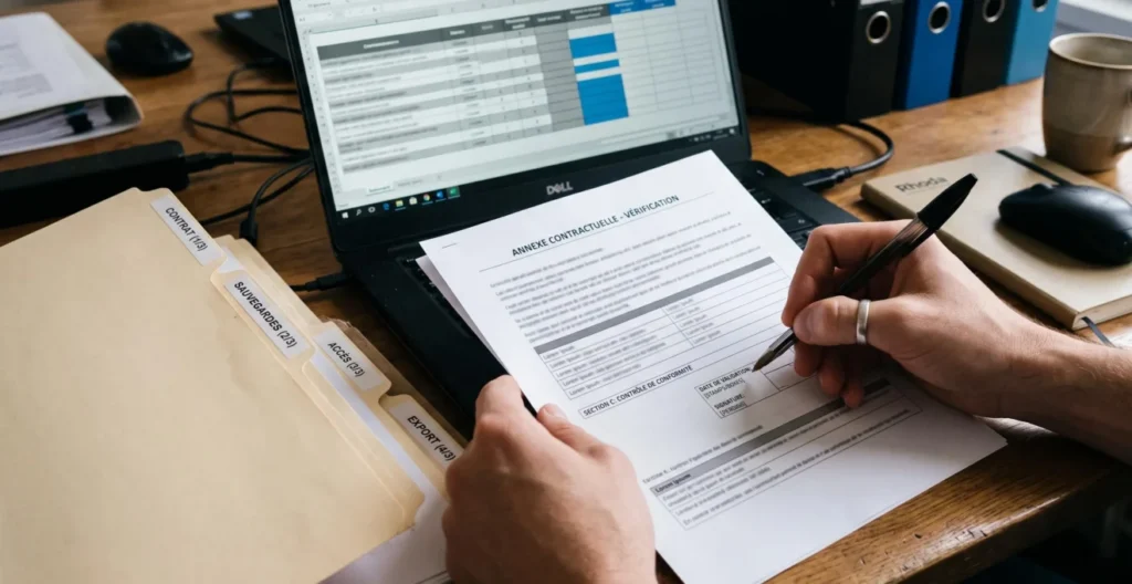 Main annotant une annexe de sécurité et comparant une liste de pièces contractuelles pour la GED Main annotant une annexe de sécurité et comparant une liste de pièces contractuelles pour la GED